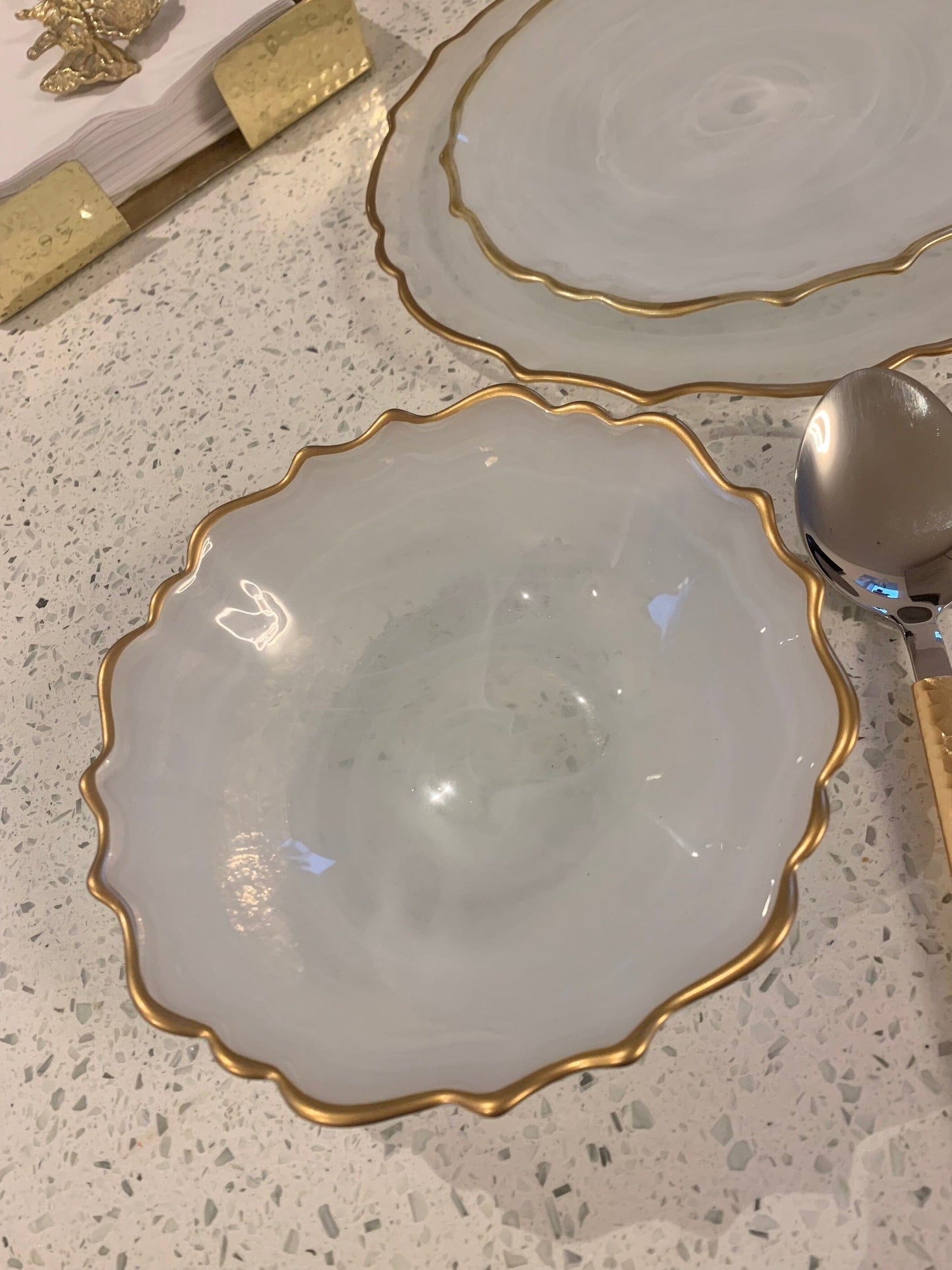 Dinnerware Set Plates in Smoked Alabaster White with Gold Trim Plates High Class Touch - Home Decor Set of 4 Soup Bowls