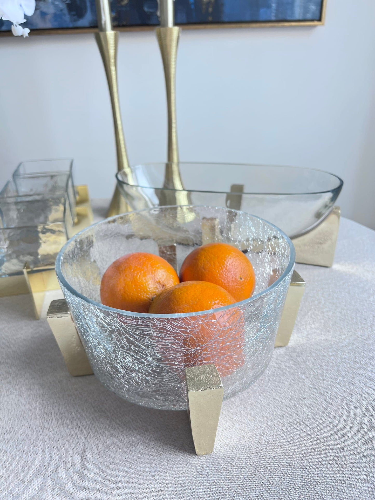 Glass Fruit Bowl with Gold Metal Stand Serving Bowls High Class Touch - Home Decor