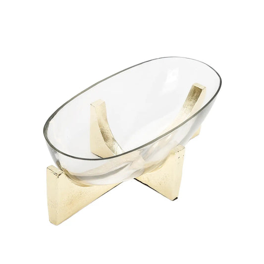 Glass Oval Salad Bowl On Gold Metal Stand Serving Bowls High Class Touch - Home Decor 