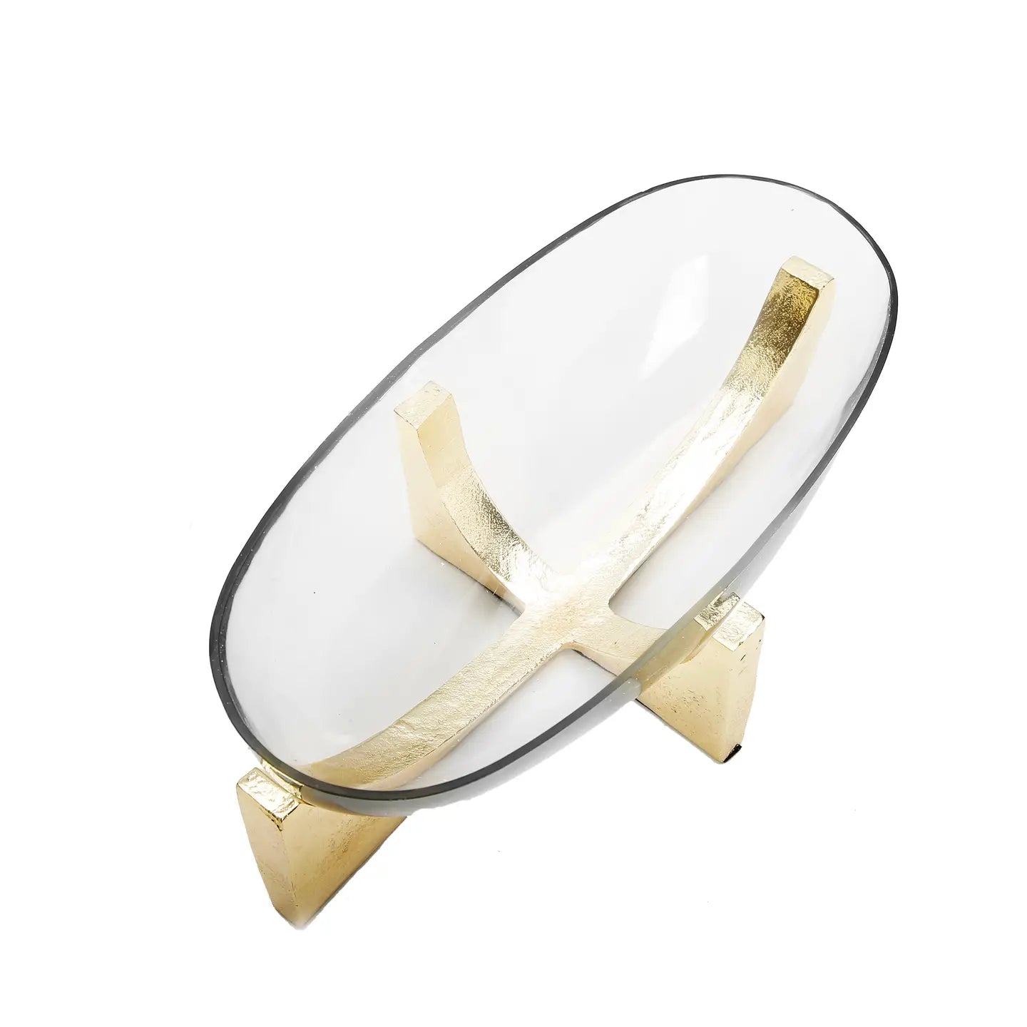 Glass Oval Salad Bowl On Gold Metal Stand Serving Bowls High Class Touch - Home Decor