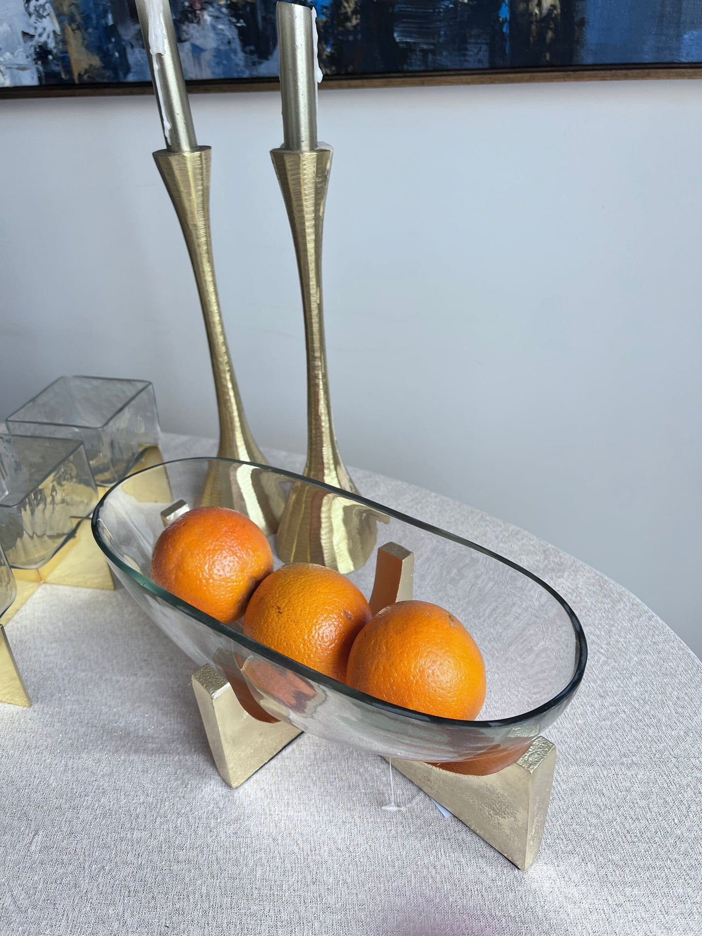 Glass Oval Salad Bowl On Gold Metal Stand Serving Bowls High Class Touch - Home Decor