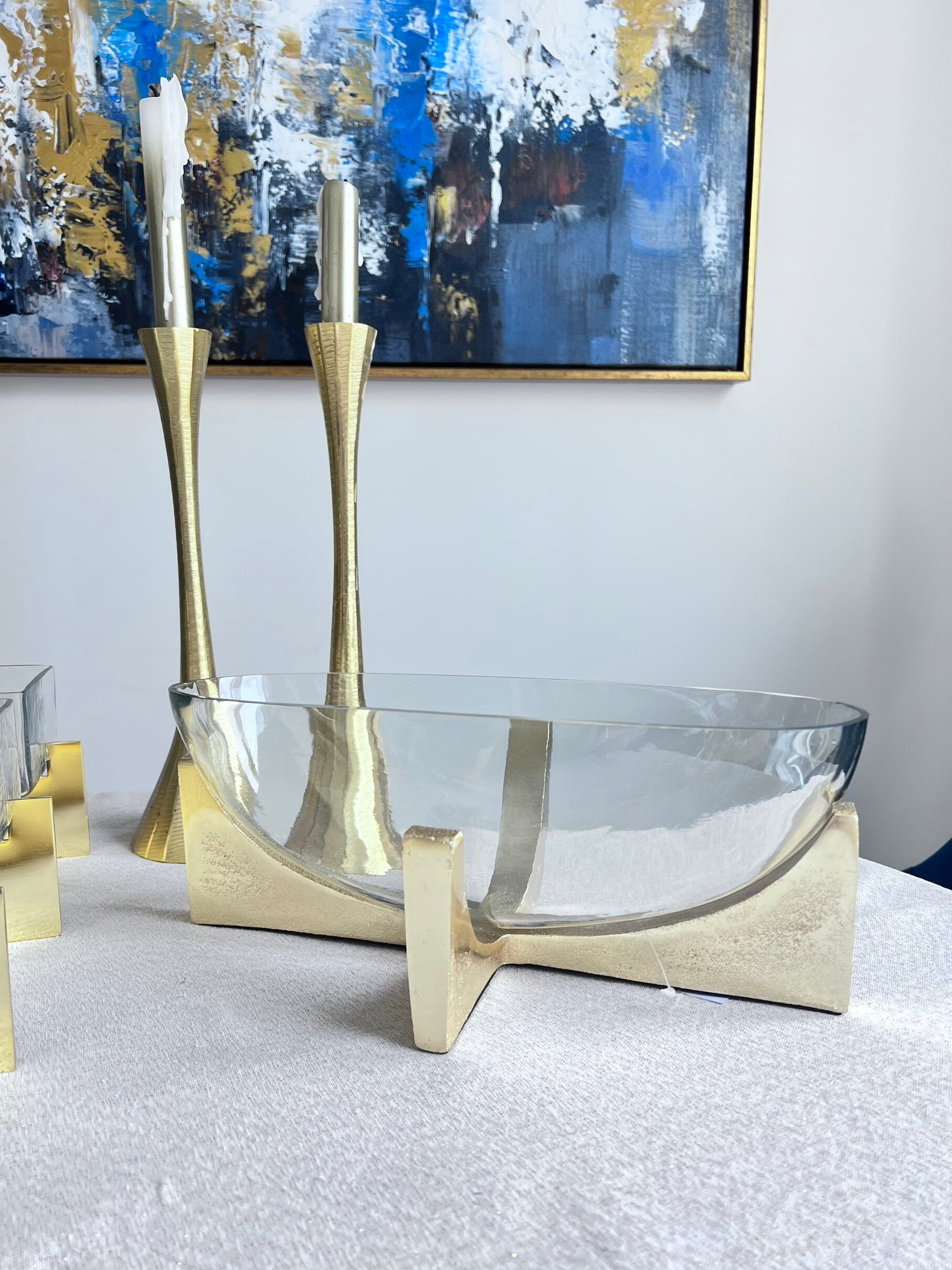 Glass Oval Salad Bowl On Gold Metal Stand Serving Bowls High Class Touch - Home Decor
