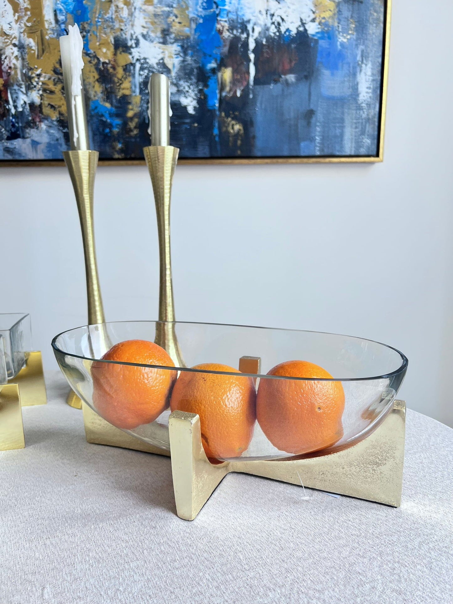 Glass Oval Salad Bowl On Gold Metal Stand Serving Bowls High Class Touch - Home Decor