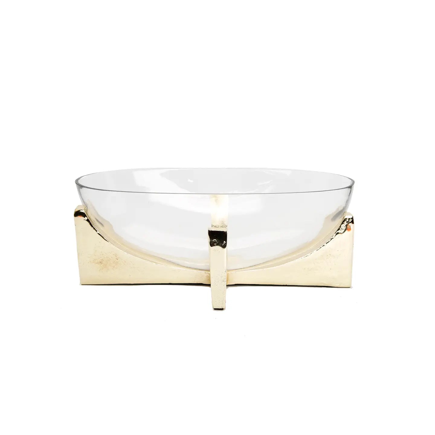 Glass Oval Salad Bowl On Gold Metal Stand Serving Bowls High Class Touch - Home Decor
