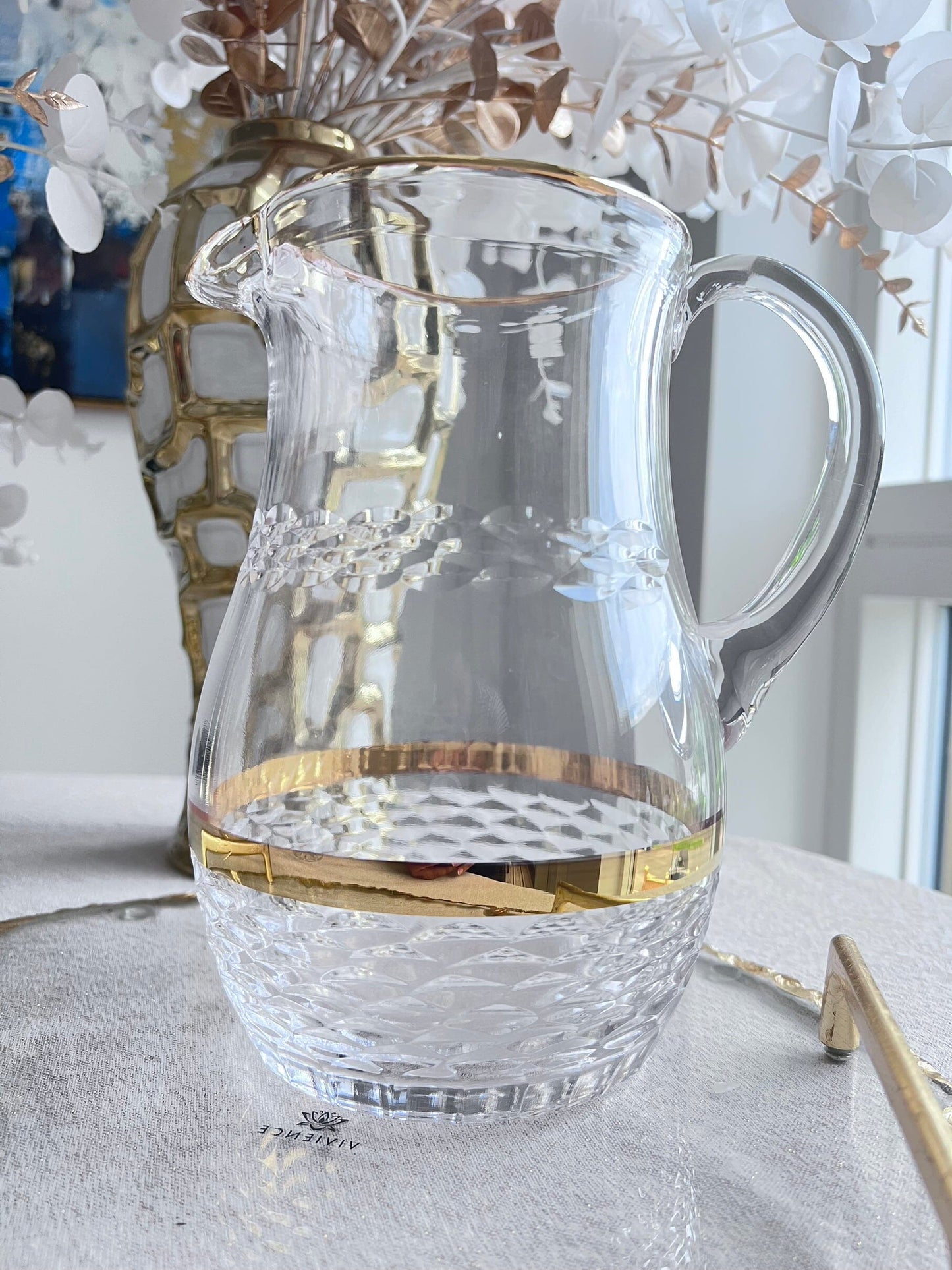 Glass Pitcher with Gold Rim and Crystal Diamond Texture Pitcher High Class Touch - Home Decor