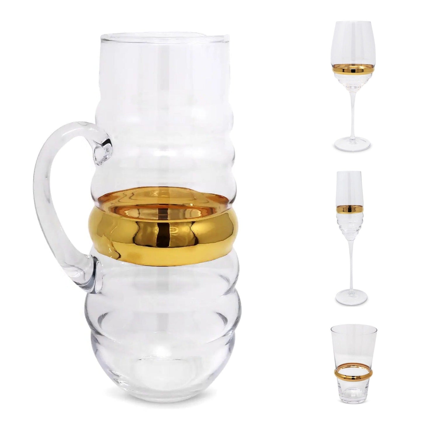Glass Pitcher with Linear Design and Gold Stripe Pitcher High Class Touch - Home Decor