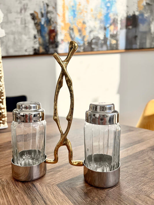 Glass Salt and Pepper Set with Gold Twig Design Salt and Pepper Shakers High Class Touch - Home Decor