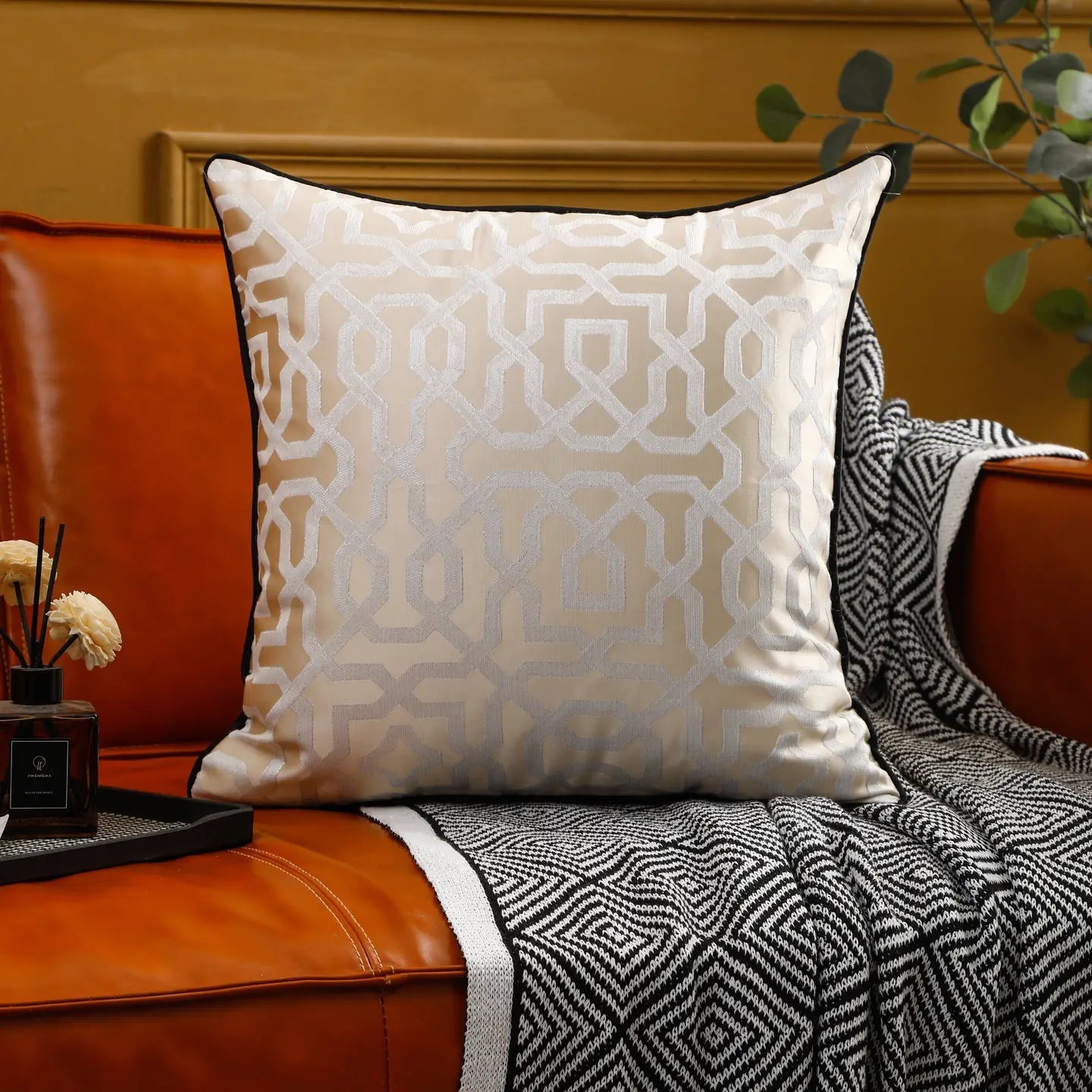 Gold and Beige Cushion Cover with Black Piping Cushions & Pillows High Class Touch - Home Decor