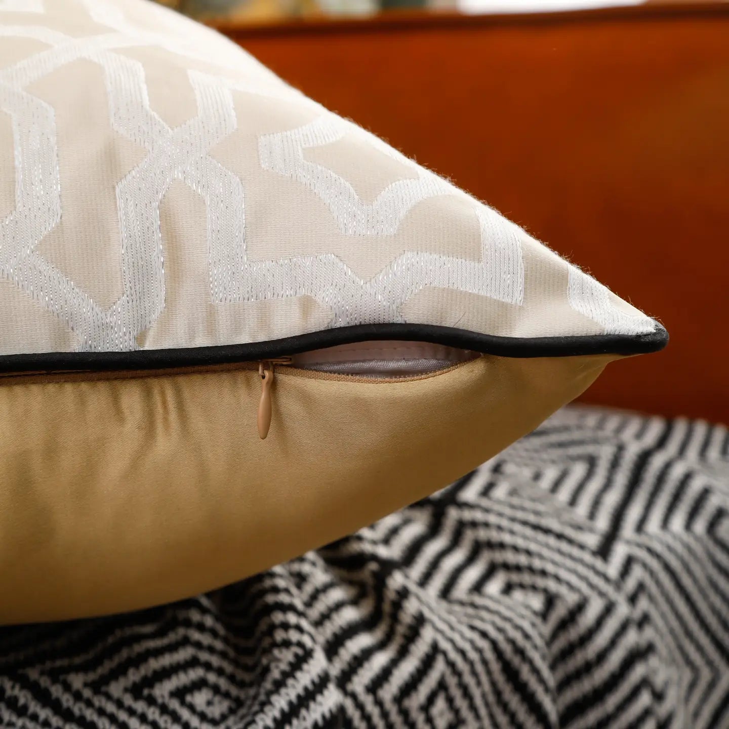 Gold and Beige Cushion Cover with Black Piping Cushions & Pillows High Class Touch - Home Decor