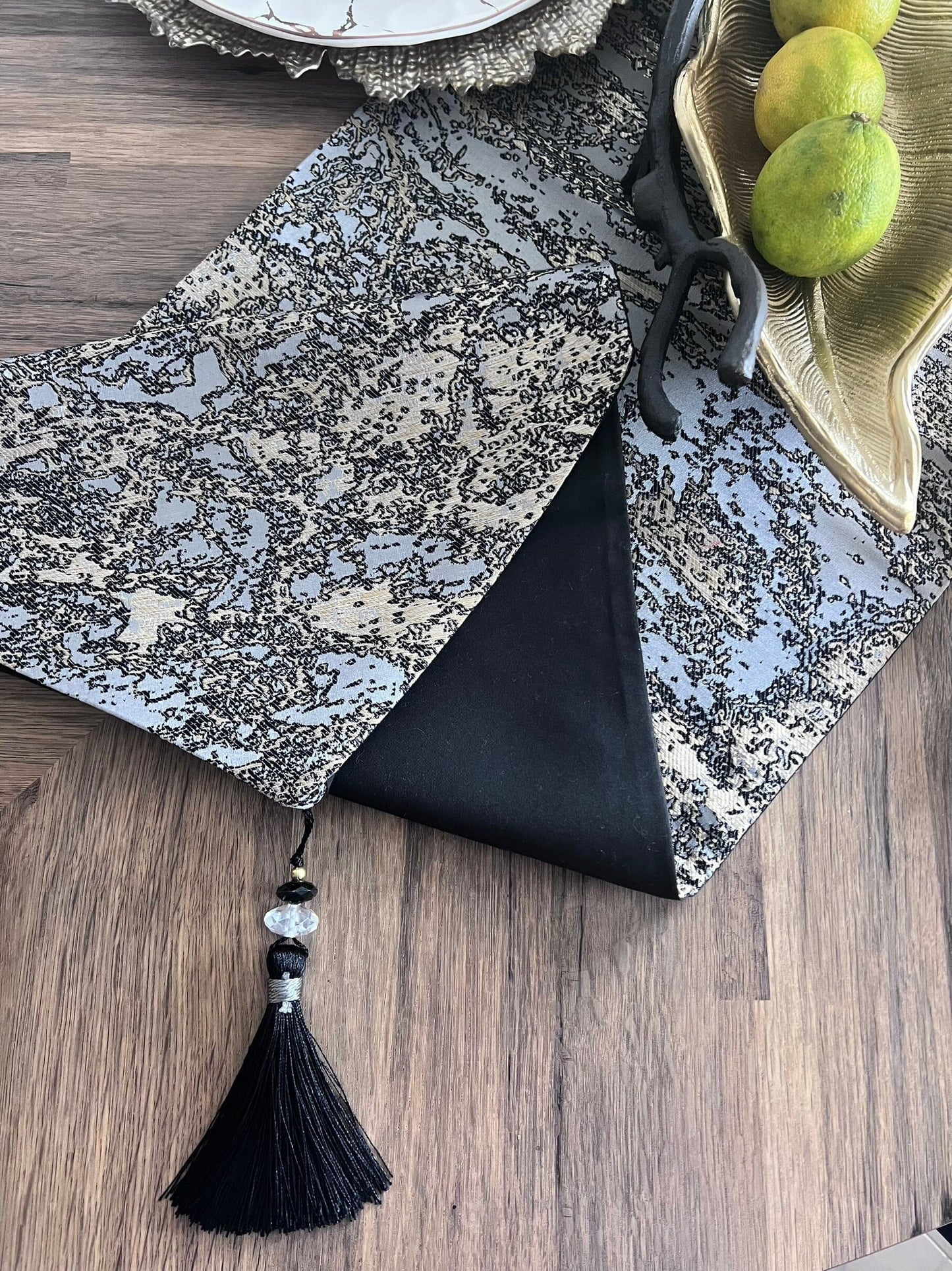 Gold and Silver Table Runner with Tassels Table Runner High Class Touch - Home Decor