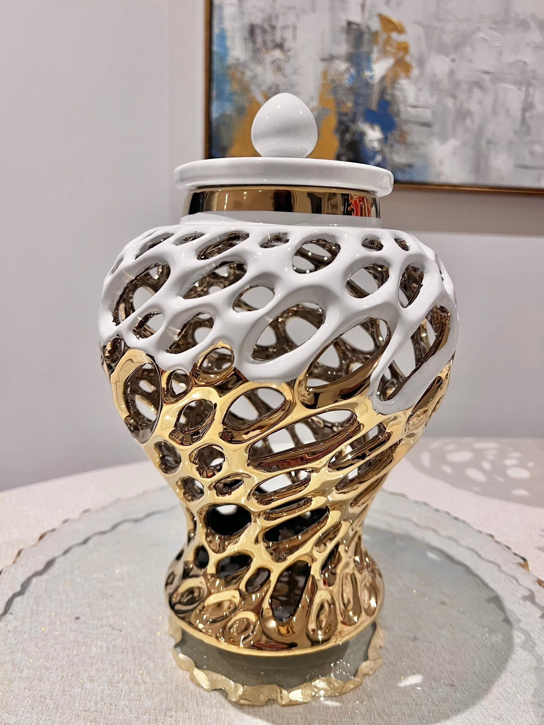 Gold and White Design Ginger Jar Medium GingerJar High Class Touch - Home Decor