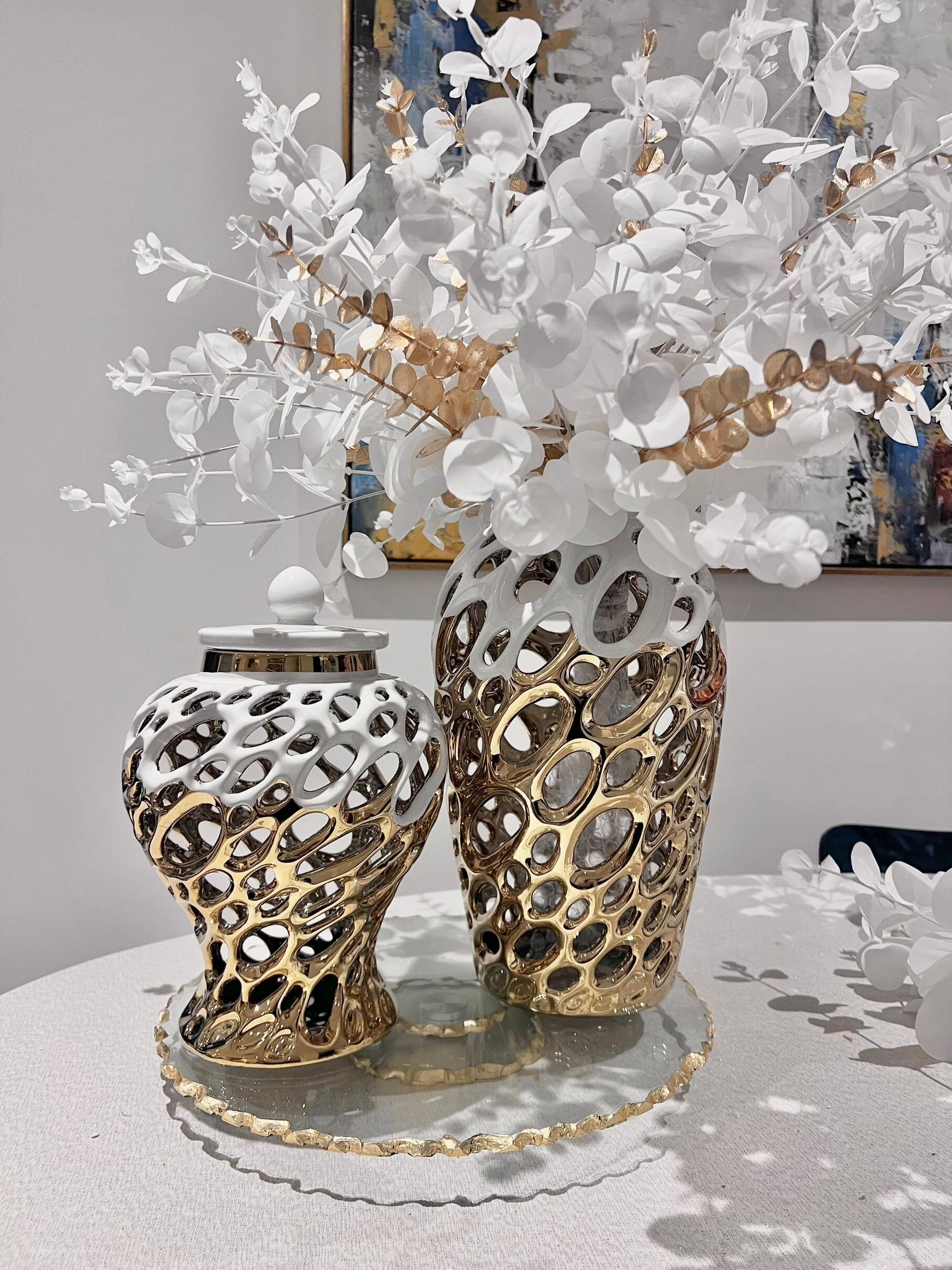 Gold and White Holes Design Flower Vase Vases High Class Touch - Home Decor 