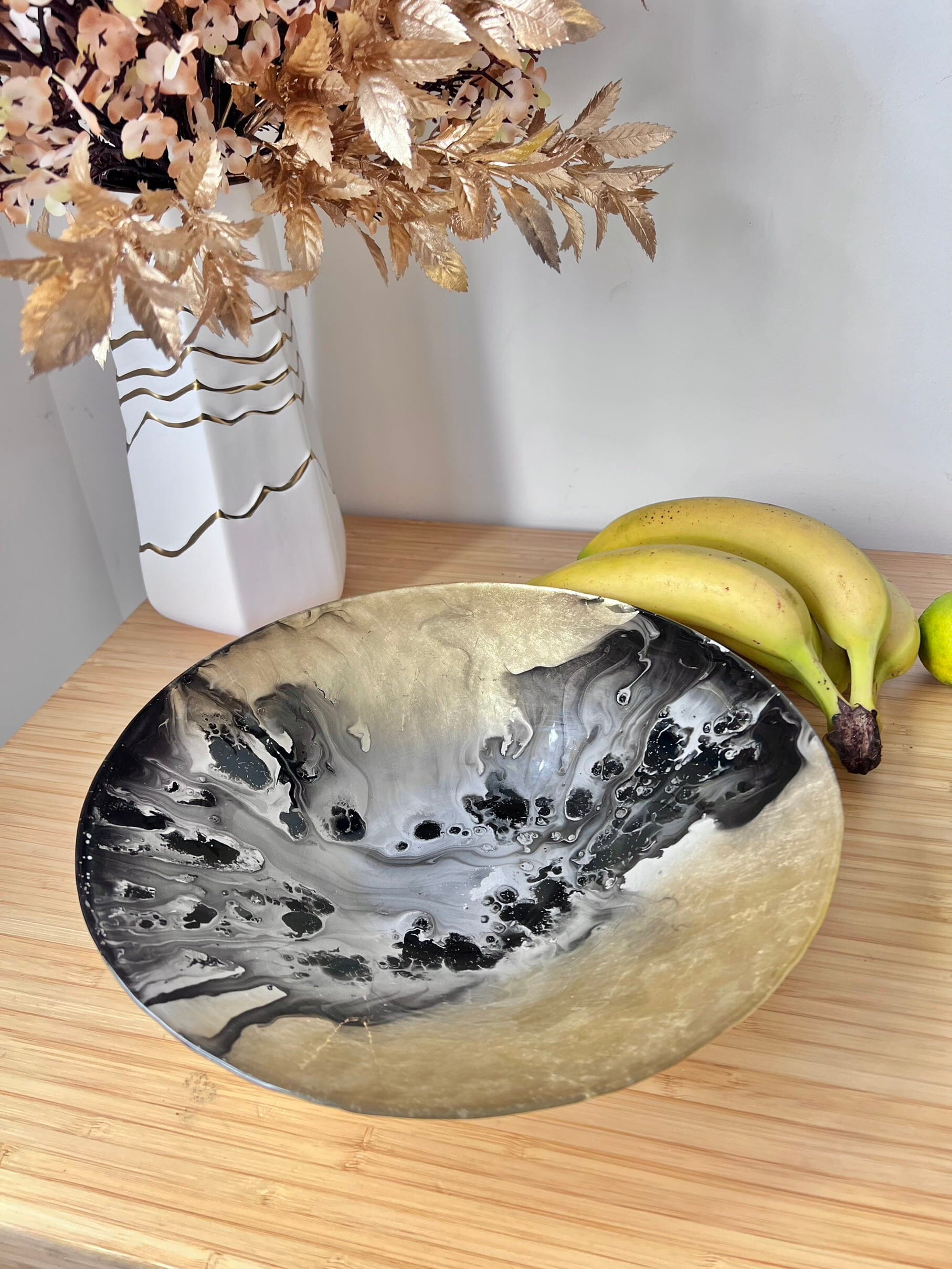 Gold Black Marbelised Glass Salad Bowl Serving Bowls High Class Touch - Home Decor