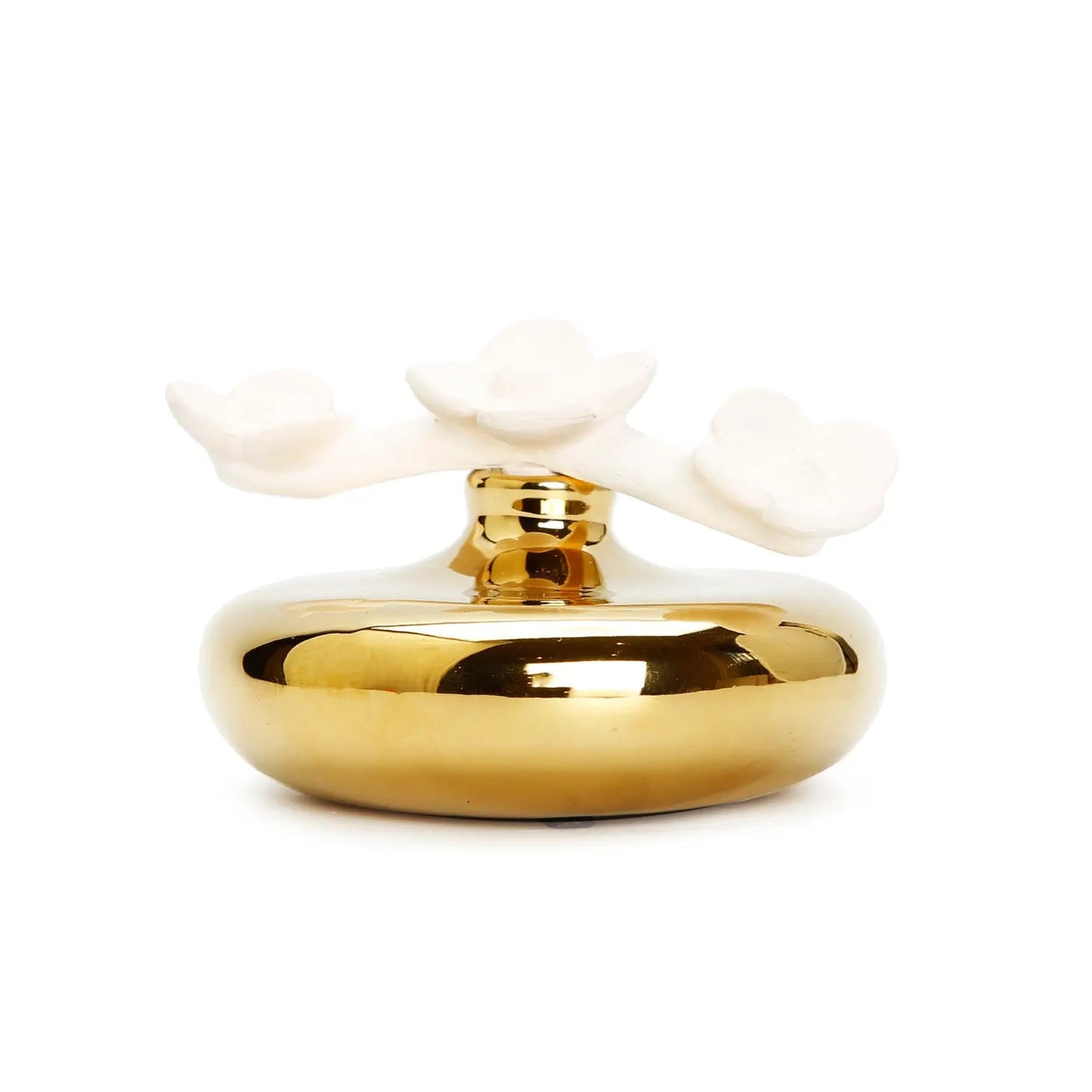 Gold Circular Diffuser with Three White Flowers, Iris & Rose Diffuser High Class Touch - Home Decor