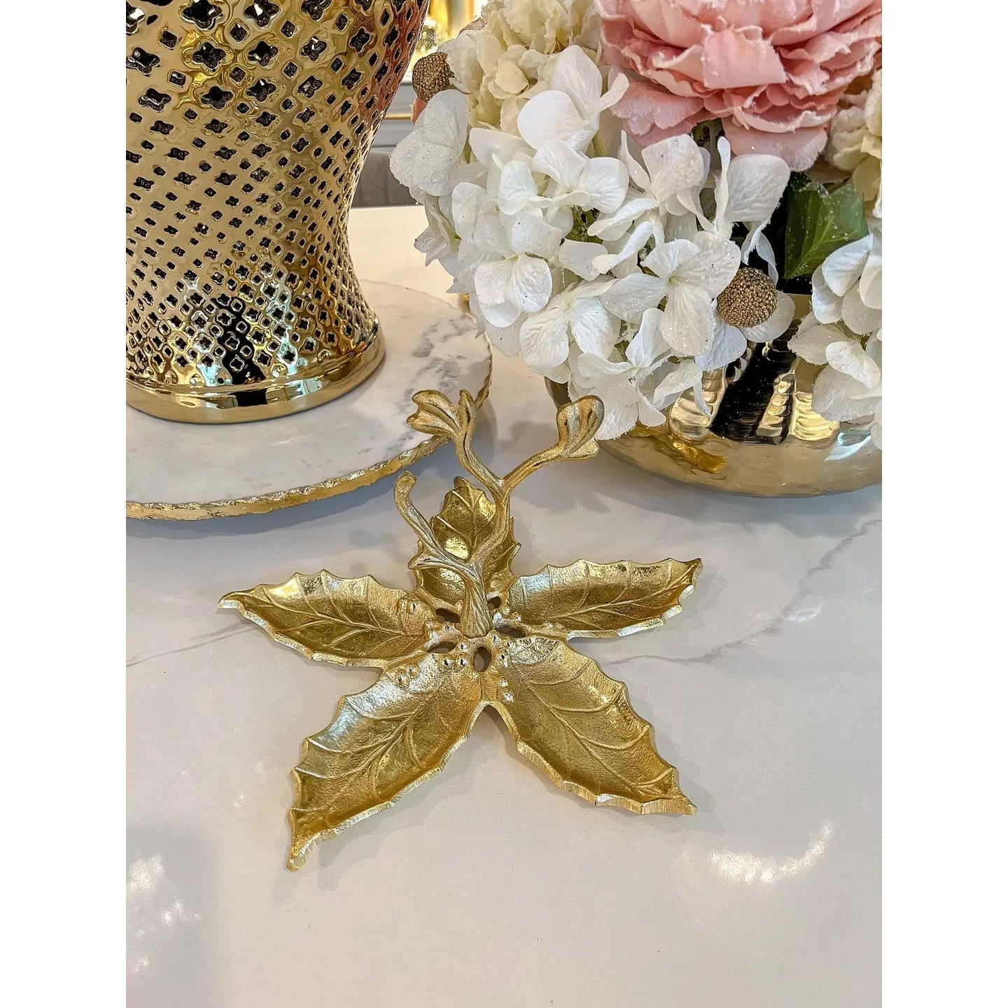 Gold Flower Shaped Leaf 5 Sectional Candy Dish Decorative Plates High Class Touch - Home Decor