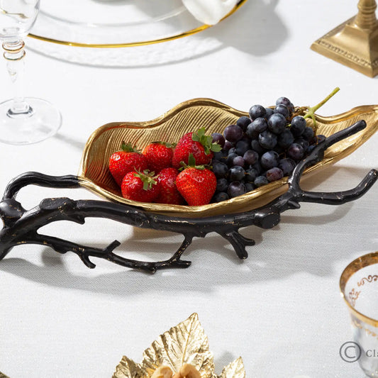 Gold Leaf Candy Dish with Black Branch Decorative Plates High Class Touch - Home Decor 