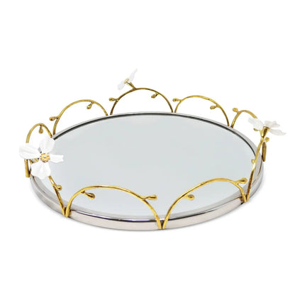 Gold Loop Round Tray with Jewel Flowers Design Decorative Trays High Class Touch - Home Decor 