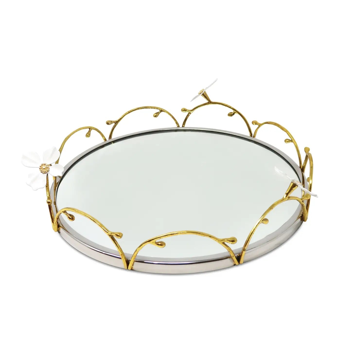 Gold Loop Round Tray with Jewel Flowers Design Decorative Trays High Class Touch - Home Decor 
