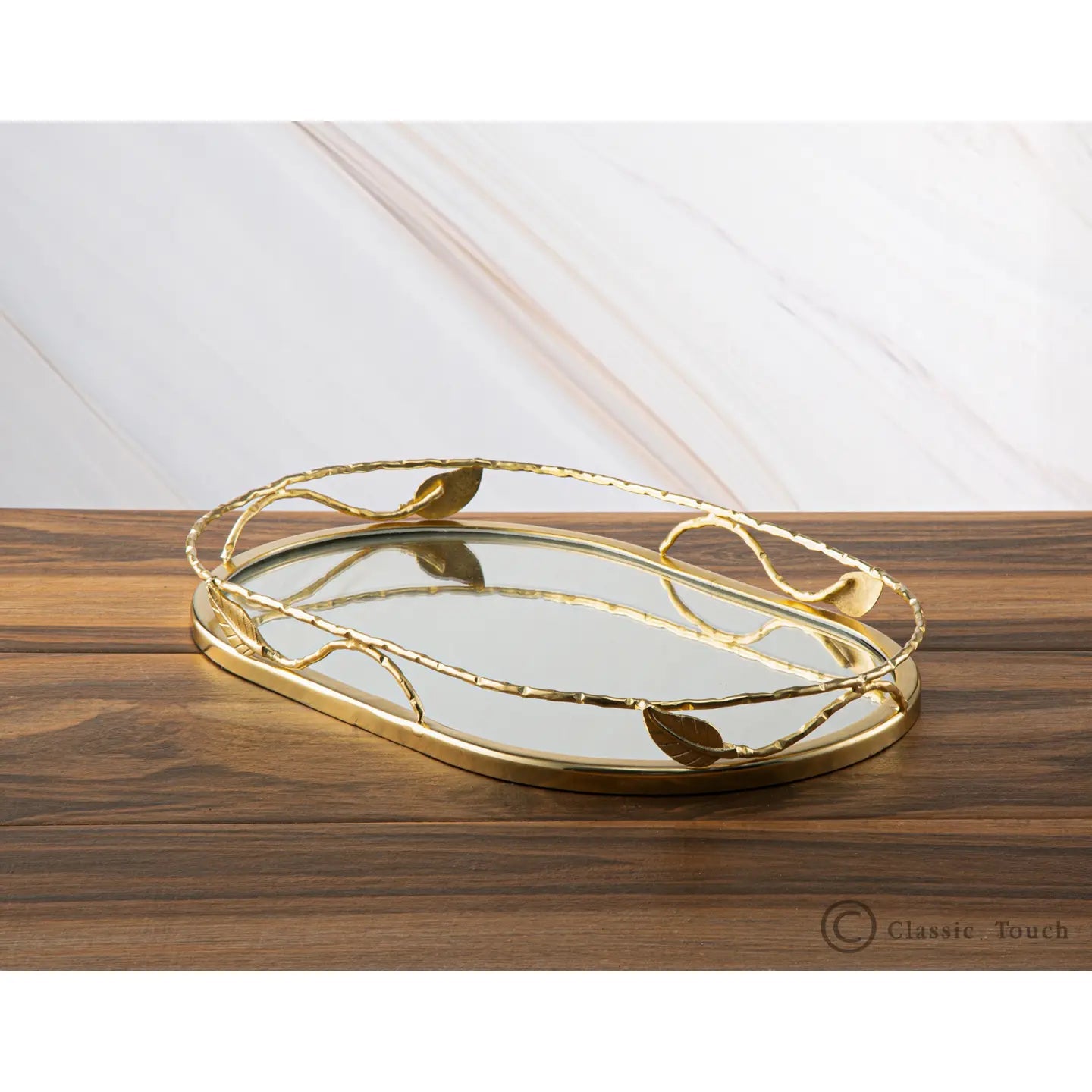 Gold Oval Mirrror Tray with Leaf design Decorative Trays High Class Touch - Home Decor