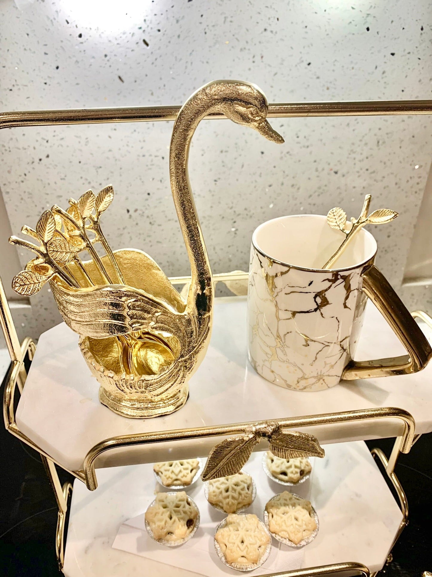 Gold Swan Dessert Spoon Holder with 6 Spoons Cutlery High Class Touch - Home Decor