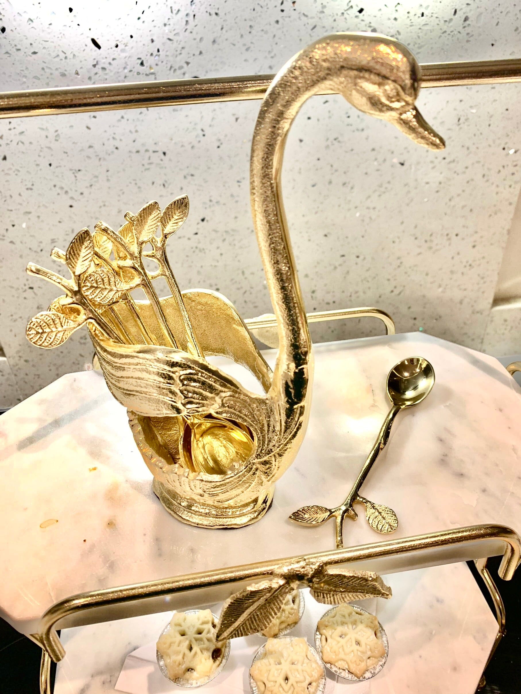 Gold Swan Dessert Spoon Holder with 6 Spoons Cutlery High Class Touch - Home Decor