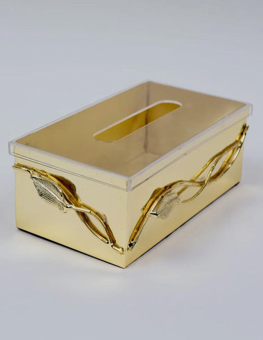 Gold Tissue Box with Leaf Design and Clear Cover Facial Tissue Holders High Class Touch - Home Decor 