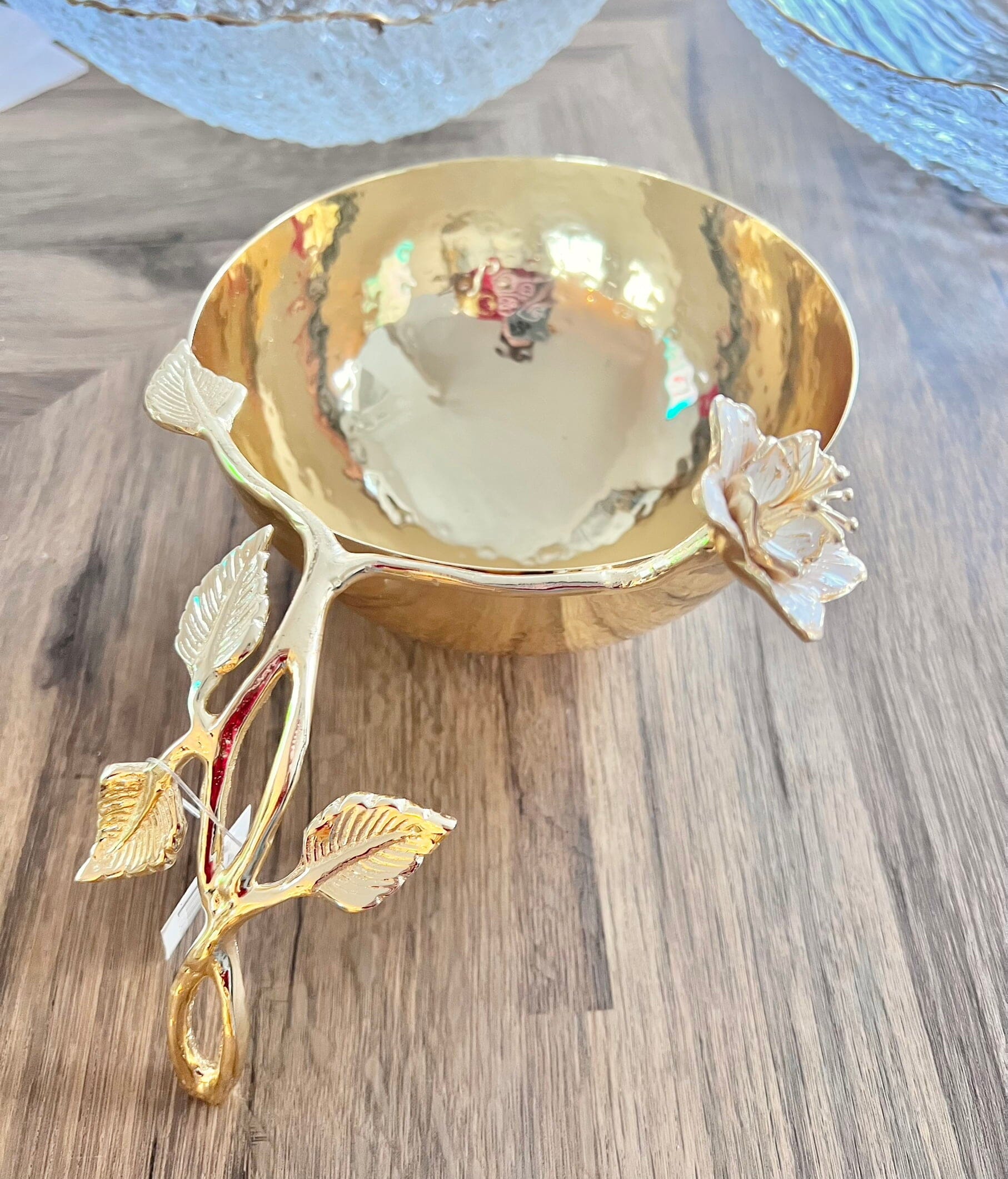 Metal Dish with Gold Enamel Flower Design On Handle Decorative Bowls High Class Touch - Home Decor 