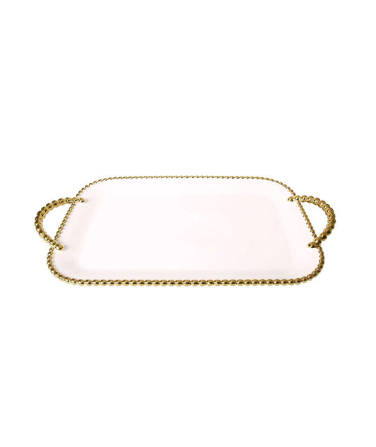 Porcelain White Tray with Gold beaded handles and design Decorative Trays High Class Touch - Home Decor