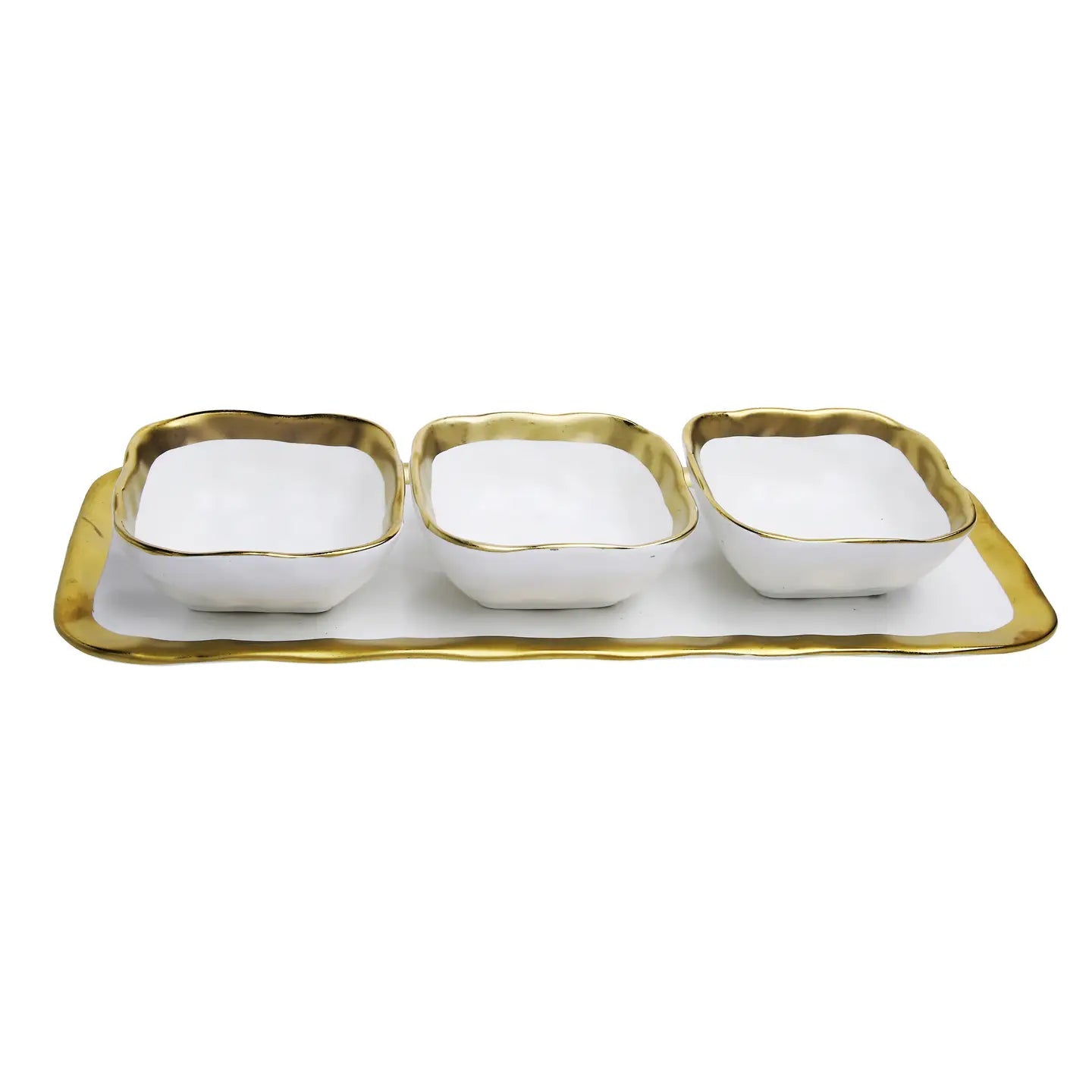 Relish Dish with 3 Square Bowls with Gold Trim Serving Bowls High Class Touch - Home Decor