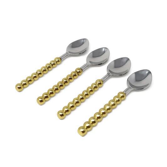 Set of 4 Gold Beaded Handles Dessert Spoons/Forks Cutlery High Class Touch - Home Decor