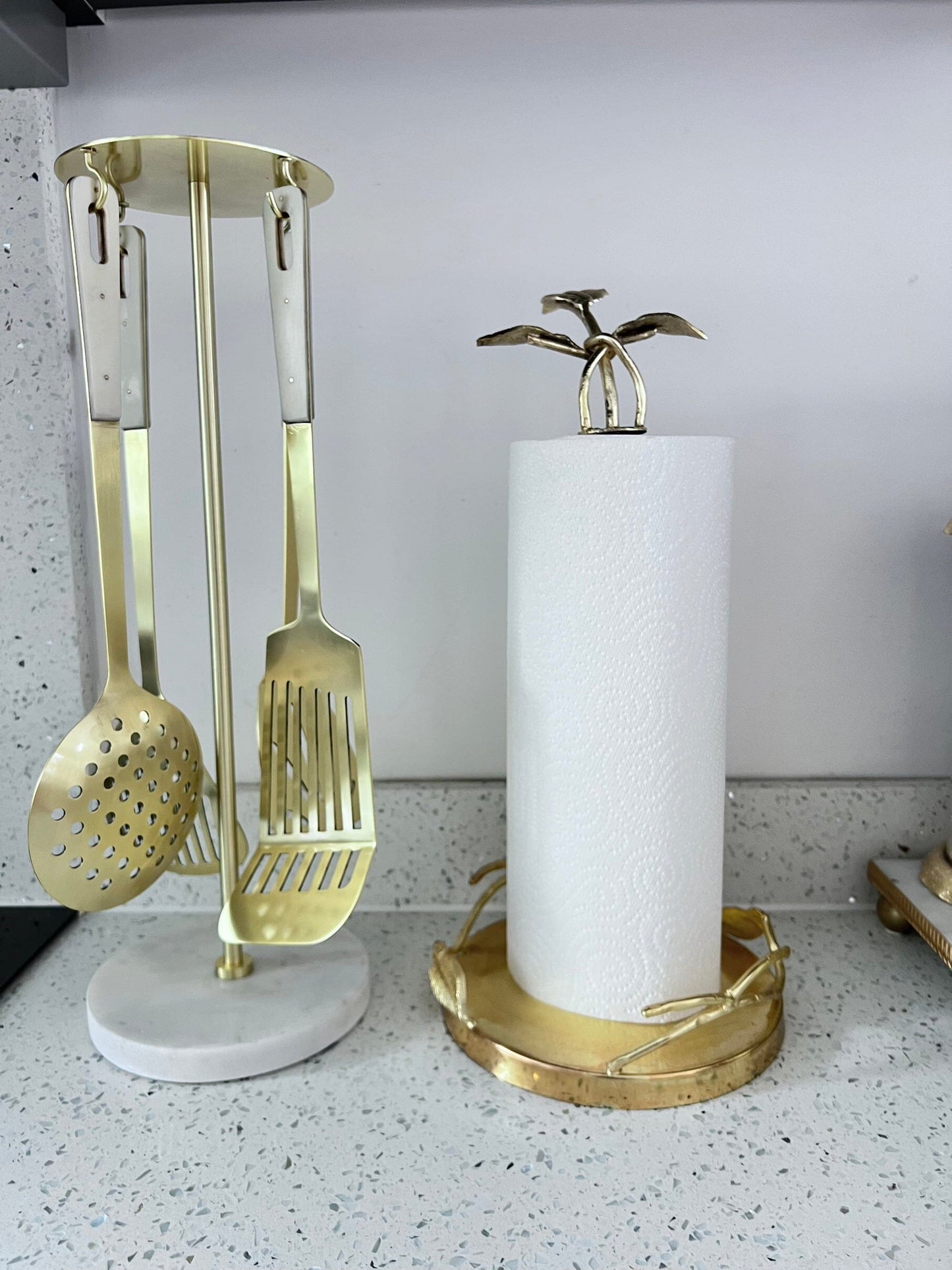 Set of 4 Gold Kitchen Utensils with Marble Handles High Class Touch