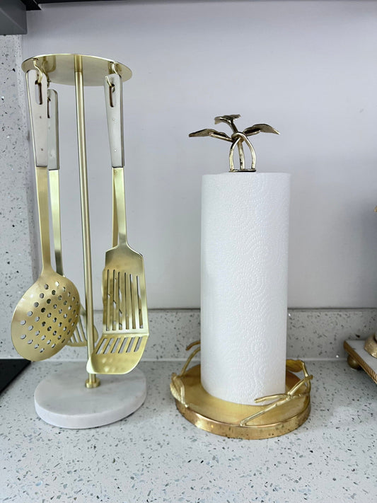 Set of 4 Gold Kitchen Utensils with Marble Handles High Class Touch