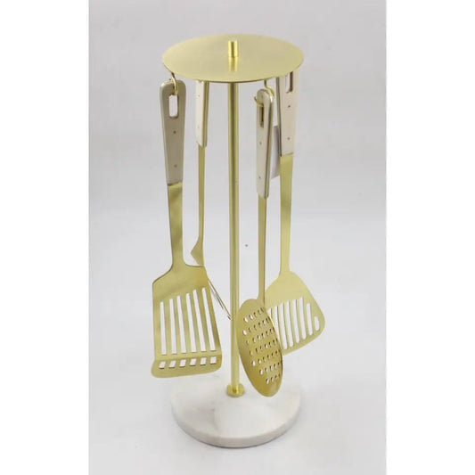 Set of 4 Gold Kitchen Utensils with Marble Handles High Class Touch 