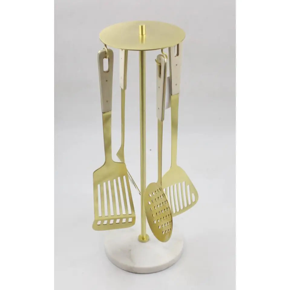 Set of 4 Gold Kitchen Utensils with Marble Handles High Class Touch