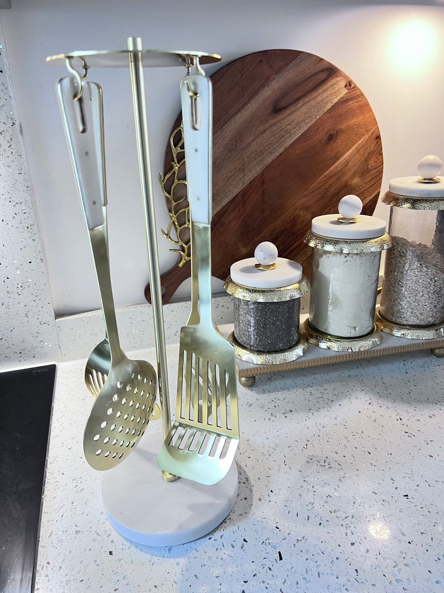 Set of 4 Gold Kitchen Utensils with Marble Handles High Class Touch