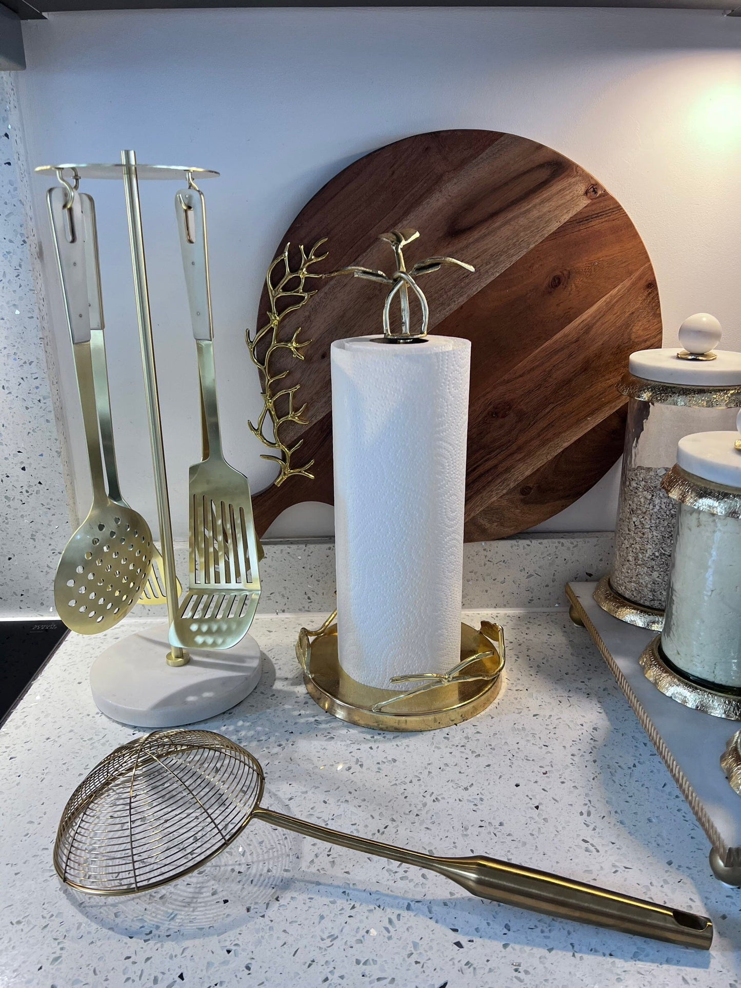 Set of 4 Gold Kitchen Utensils with Marble Handles High Class Touch