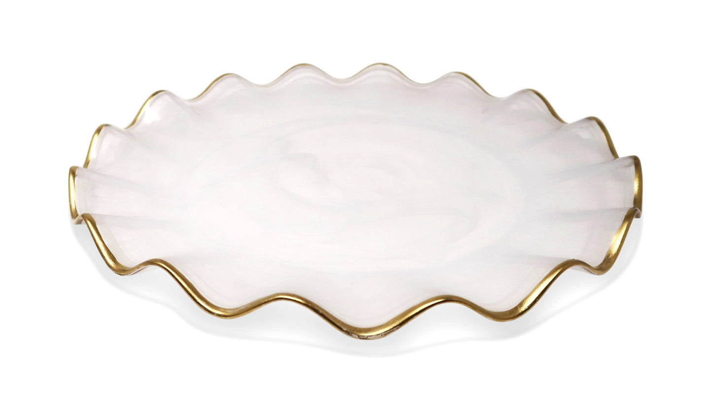 Set of 4 White Smoked Dinner Plates with Gold Scalloped Rim Dinnerware Sets High Class Touch - Home Decor 4 Dinner Plates