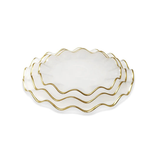 Set of 4 White Smoked Dinner Plates with Gold Scalloped Rim Dinnerware Sets High Class Touch - Home Decor