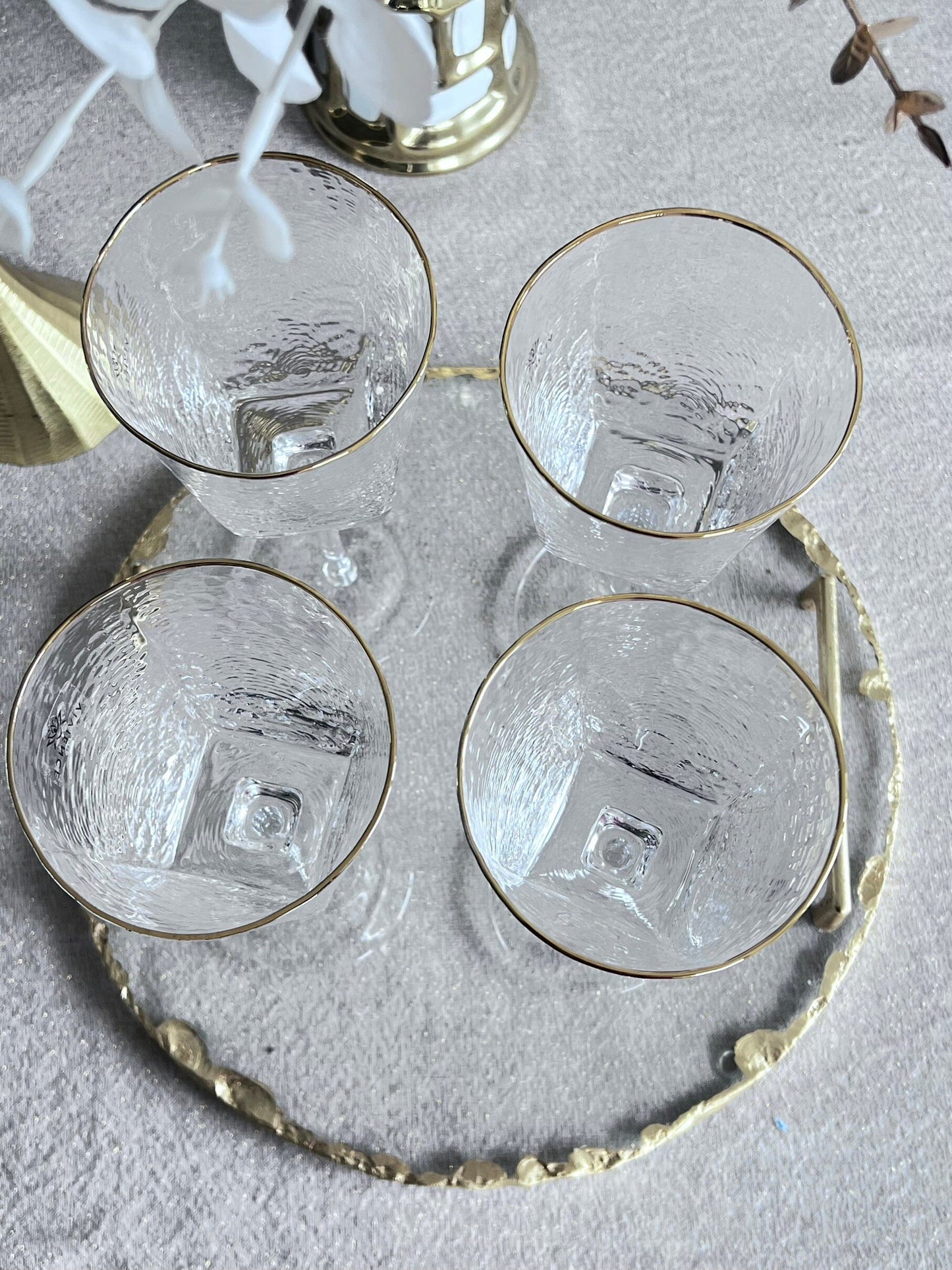 Set of 6 Square Shaped Hammered Glasses with Gold Rim Water glasses High Class Touch - Home Decor