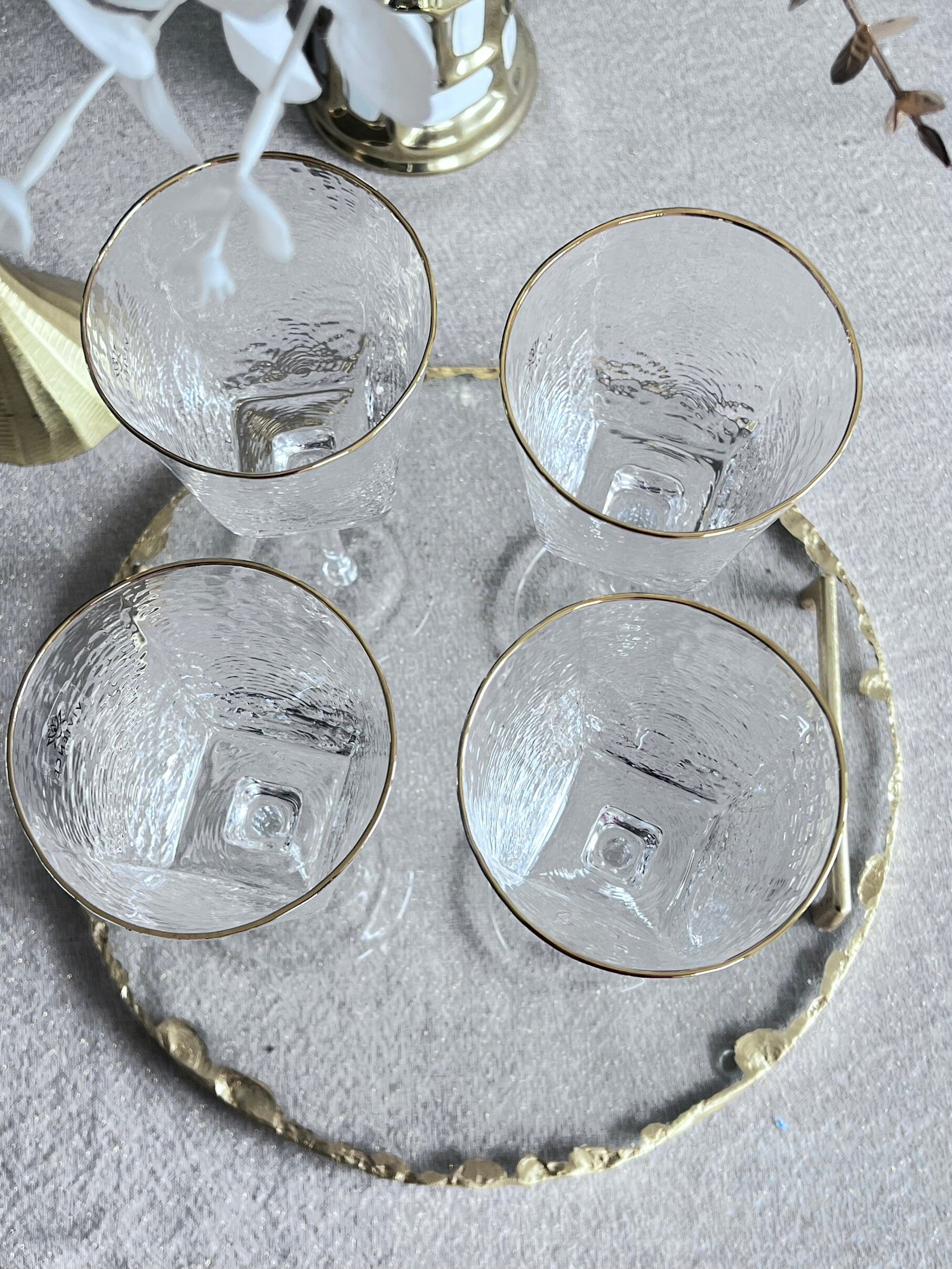 Set of 6 Square Shaped Hammered Glasses with Gold Rim Water glasses High Class Touch - Home Decor 