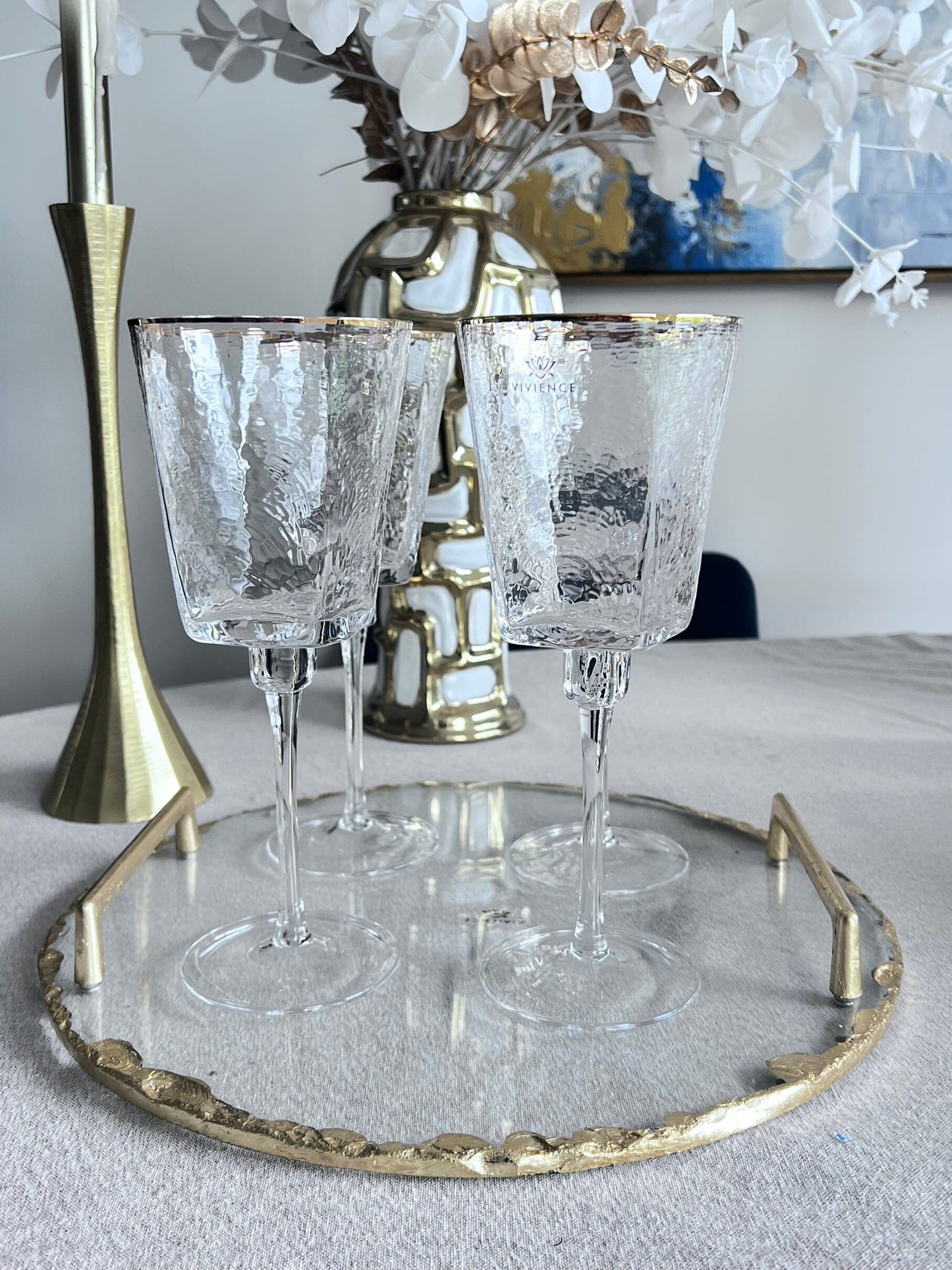 Set of 6 Square Shaped Hammered Glasses with Gold Rim Water glasses High Class Touch - Home Decor