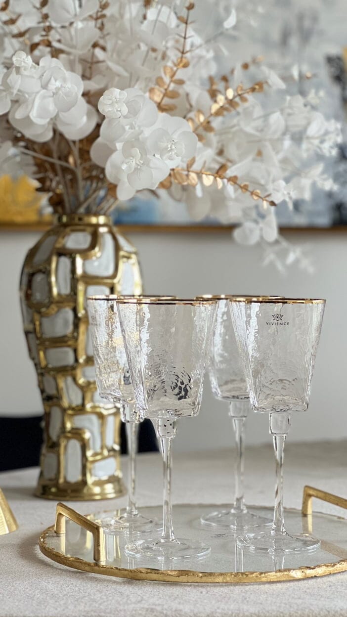 Set of 6 Square Shaped Hammered Glasses with Gold Rim Water glasses High Class Touch - Home Decor