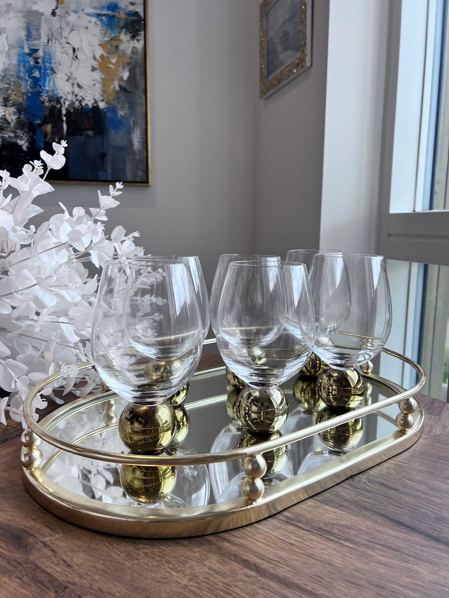 Set of 6 Wine Glasses on Gold Ball Pedestal Wine Glasses High Class Touch - Home Decor