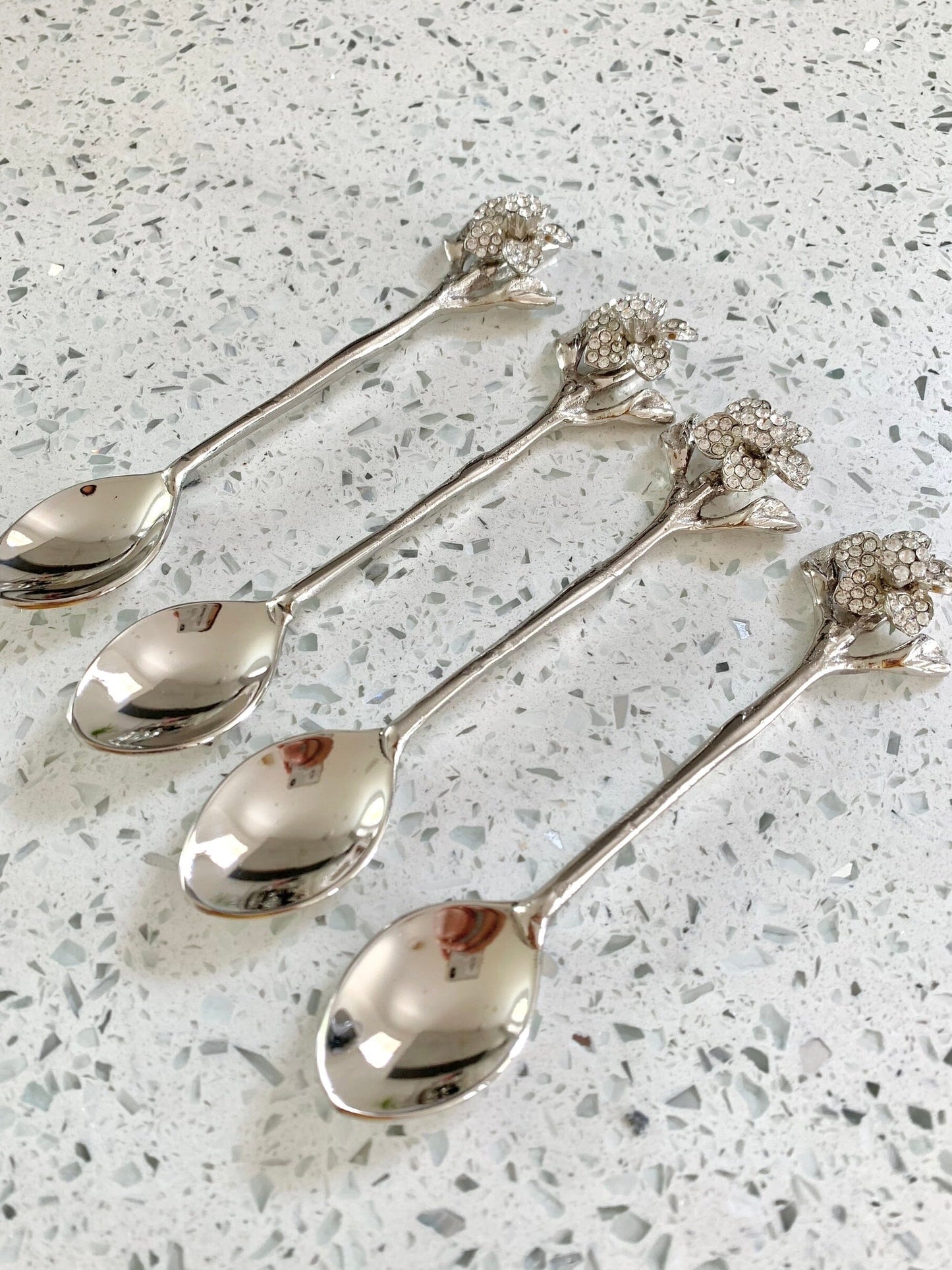 Set Of Four Spoons with Jeweled Flower Cutlery High Class Touch - Home Decor 