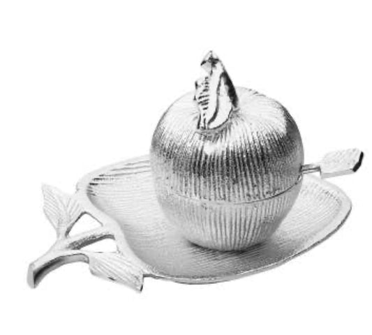 Silver Apple Shaped Dish with spoon Sugar and Honey Jars High Class Touch - Home Decor 
