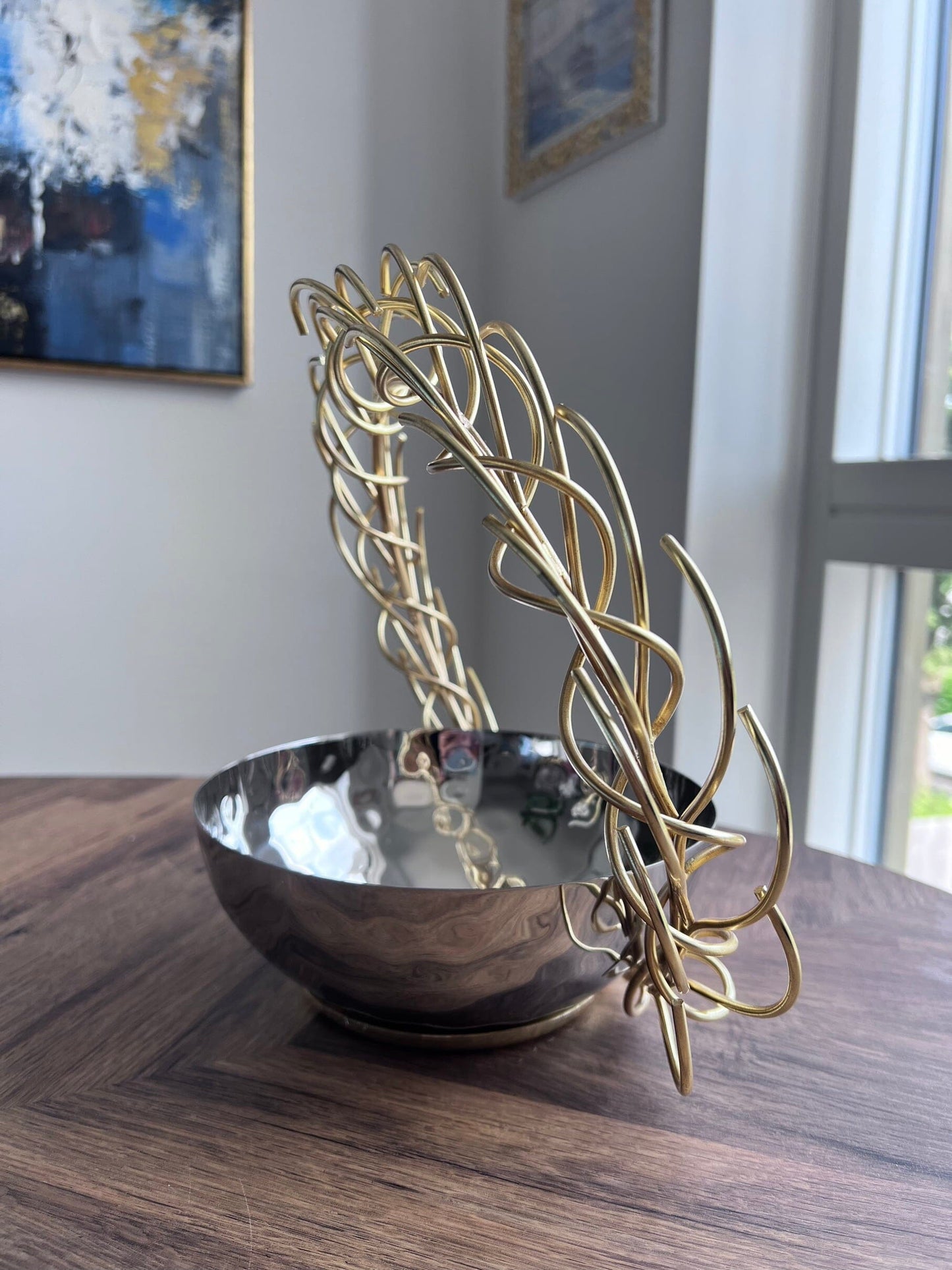 Stainless Steel Bowl with Round Gold Removable Twig Handle Decorative Bowls High Class Touch - Home Decor