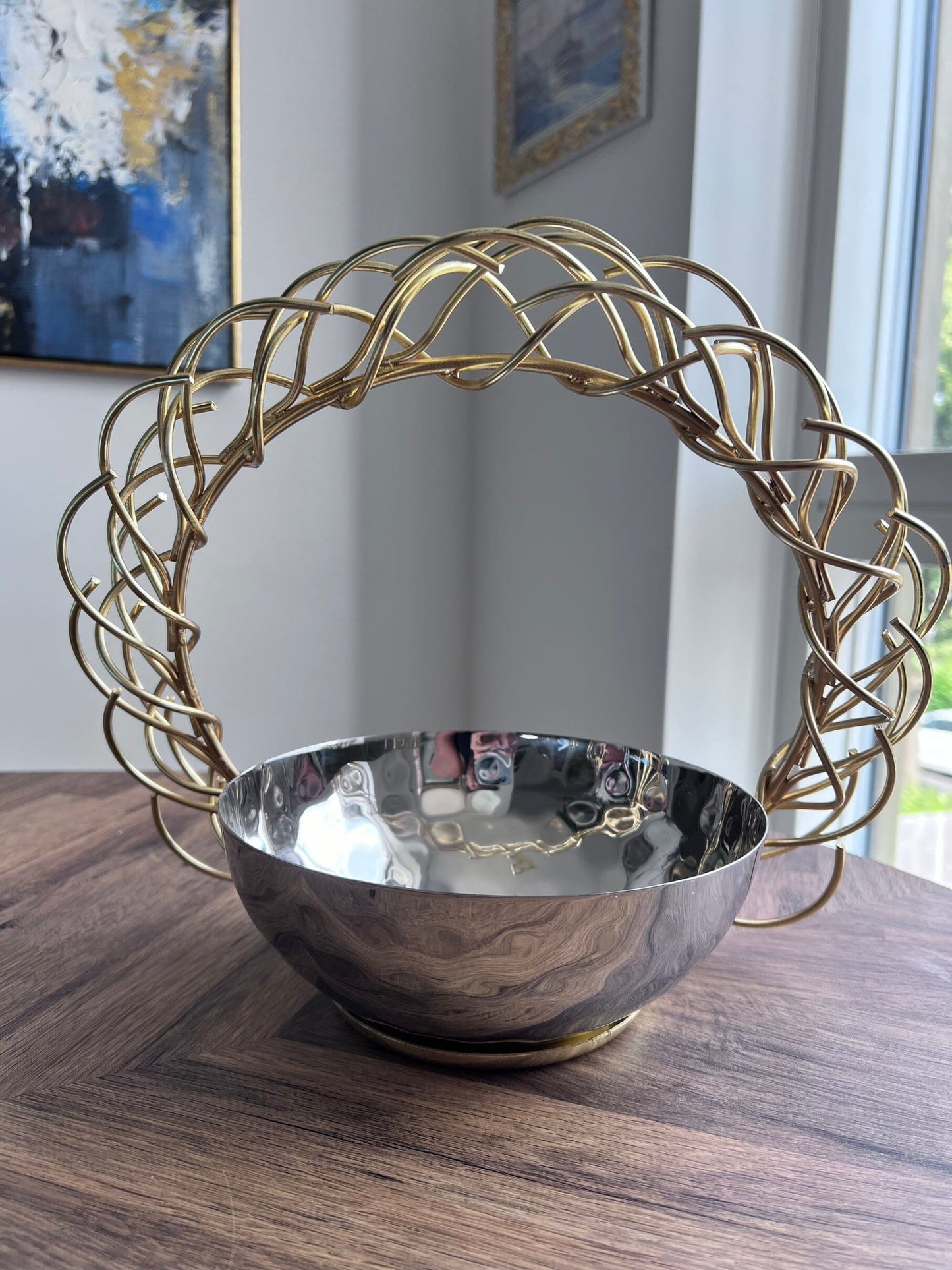 Stainless Steel Bowl with Round Gold Removable Twig Handle Decorative Bowls High Class Touch - Home Decor