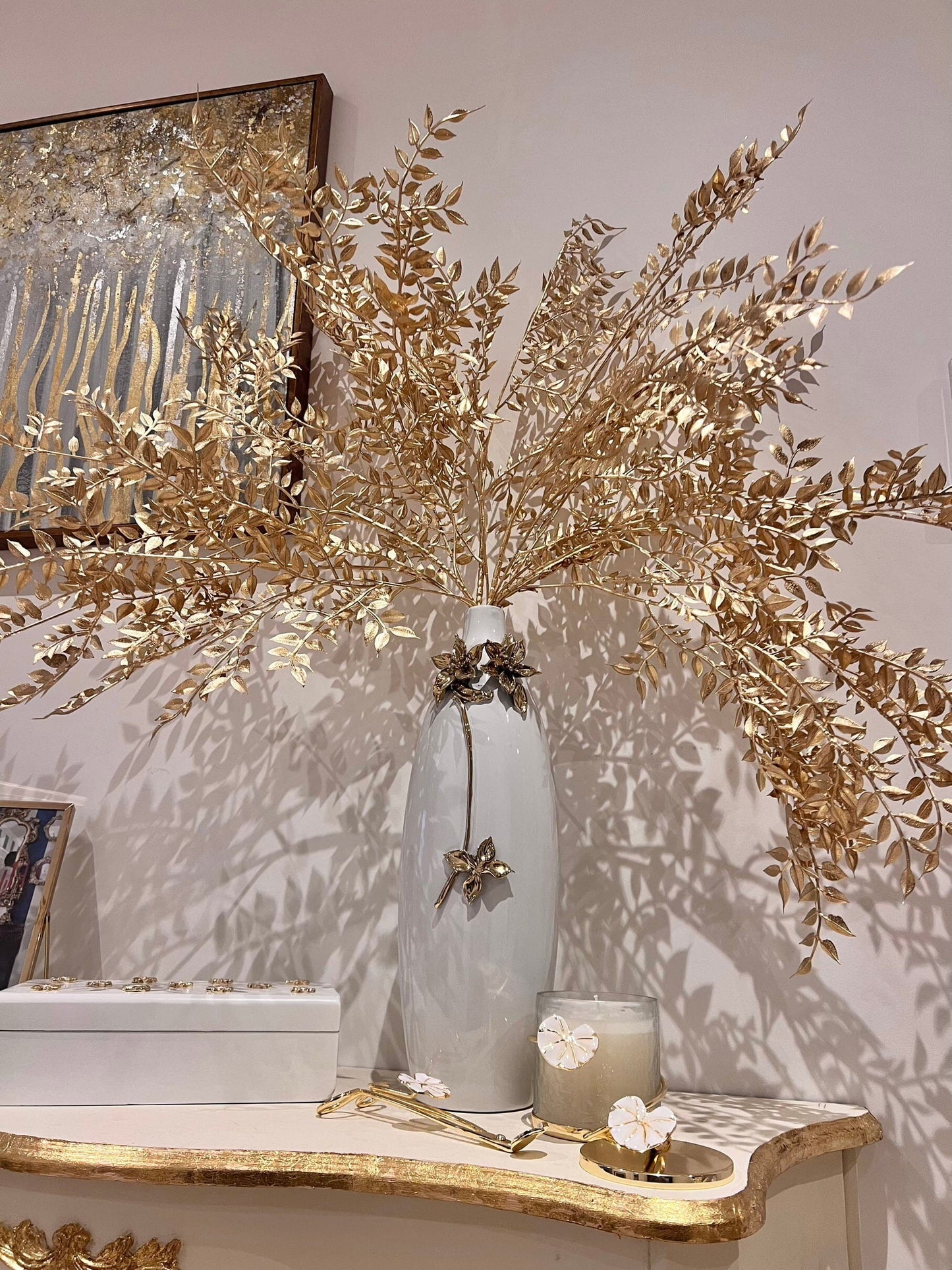 Tall Gold Metallic Leaf Branch Arrangement Artificial Flora High Class Touch - Home Decor