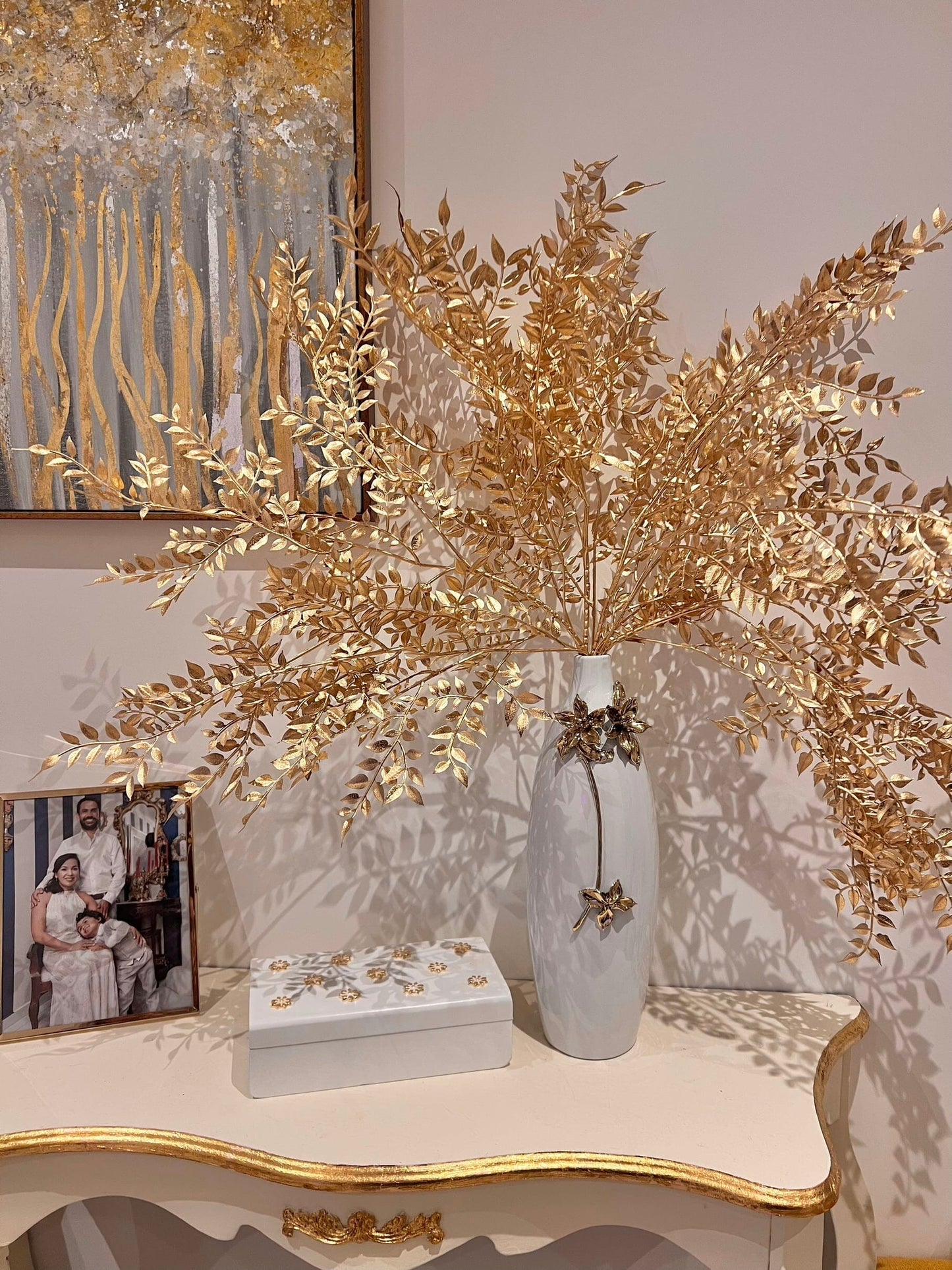 Tall Gold Metallic Leaf Branch Arrangement Artificial Flora High Class Touch - Home Decor