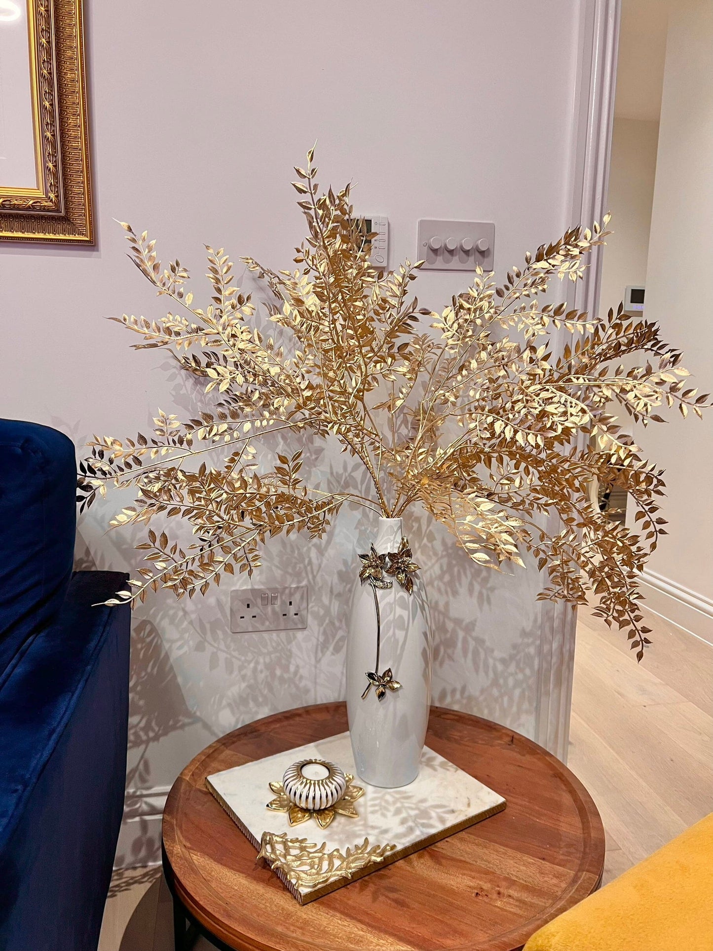 Tall Gold Metallic Leaf Branch Arrangement Artificial Flora High Class Touch - Home Decor